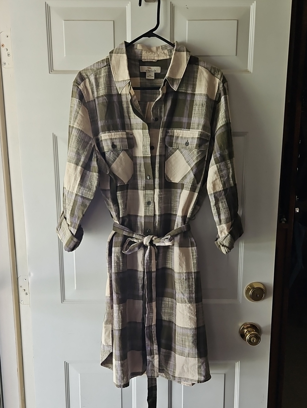 Plaid Button-Front Midi Shirt Dress with Tie Belt - Olive & Cream